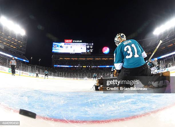 Goaltender Antti Niemi of the San Jose Sharks can't make the save on a shot for a goal by Marian Gaborik of the Los Angeles Kings in the third period...