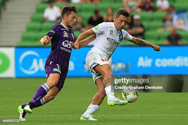 Robert Koren of Melbourne City controls the ball under pressure from Chris Harold of Perth Glory during the round 18 A-League match between Melbourne...