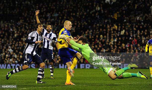 West Brom keeper Ben Foster saves from Steven Naismith of Everton during the Barclays premier league match between West Bromwich Albion and Everton...