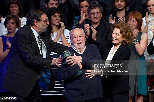 Spanish director Jaime de Arminan receives the Honorary Goya award for his career from Spanish actress Julia Gutierrez Caba and President of Spanish...