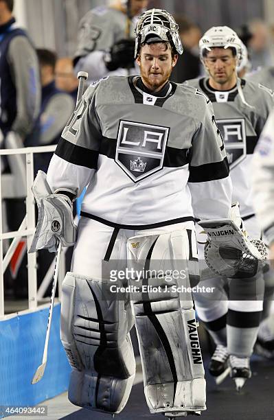 Goaltender Jonathan Quick of the Los Angeles Kings leaves the field after his team defeated the San Jose Sharks 2-1 in the 2015 Coors Light NHL...