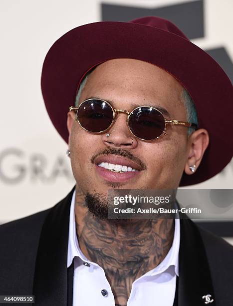 Recording artist Chris Brown arrives at the 57th Annual GRAMMY Awards at Staples Center on February 8, 2015 in Los Angeles, California.