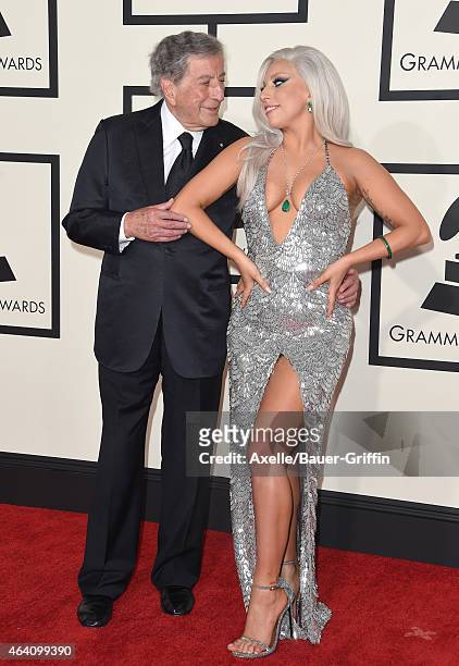 Recording artists Tony Bennett and Lady Gaga arrive at the 57th Annual GRAMMY Awards at Staples Center on February 8, 2015 in Los Angeles, California.
