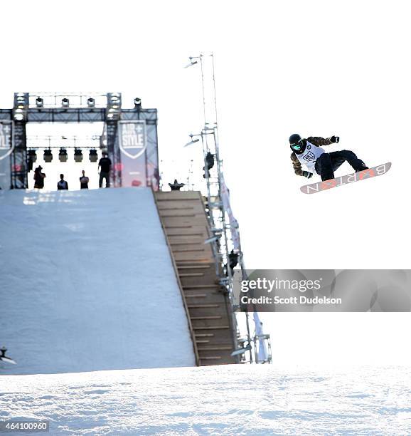 Professional snowboarder Peetu Piiroinen participates in the 2015 Air + Style competiton at Rose Bowl on February 21, 2015 in Pasadena, California.