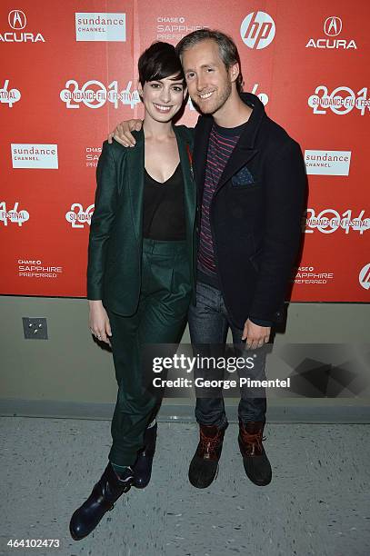 Actress Anne Hathaway and Adam Shulman attend the "Song One" premiere during the 2014 Sundance Film Festival at Eccles Center Theatre on January 20,...