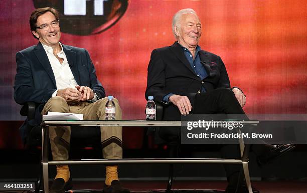 Stephen Segaller, WNET Executive-In-Charge, and actor Christopher Plummer speak onstage during the ' Great Performances/"Barrymore" ' panel...