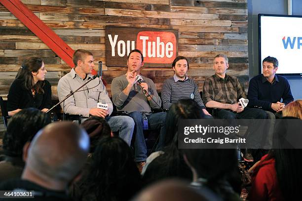 Alicia Van Couvering, Derek Callow, Jan Cohen, Marc Hofstatter, Matthew Rhodes and Sharon Waxman attends TheWrap's Sundance Industry Panel on January...