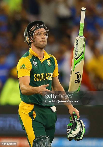 De Villiers of South Africa tosses his bat after being run out during the 2015 ICC Cricket World Cup match between South Africa and India at...