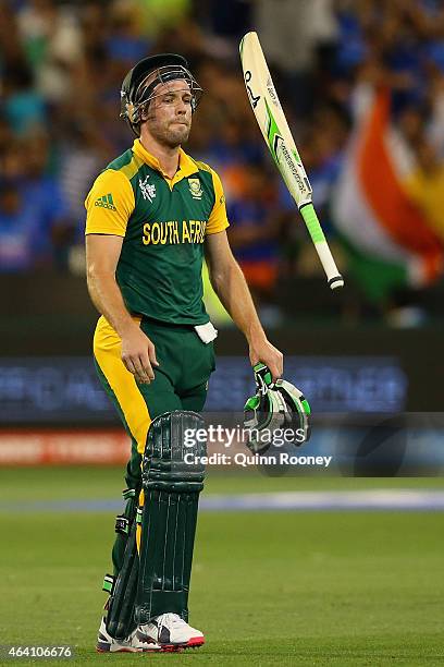 De Villiers of South Africa tosses his bat after being run out during the 2015 ICC Cricket World Cup match between South Africa and India at...