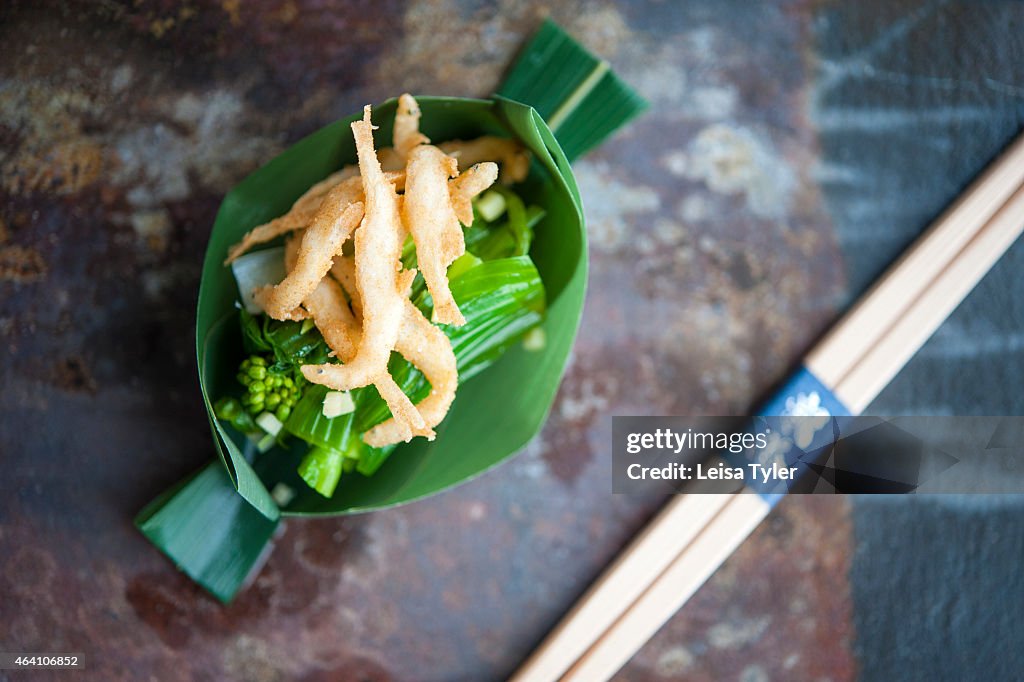 Deep fried ice fish with spring vegetables at Tenku Ryu-Gin...