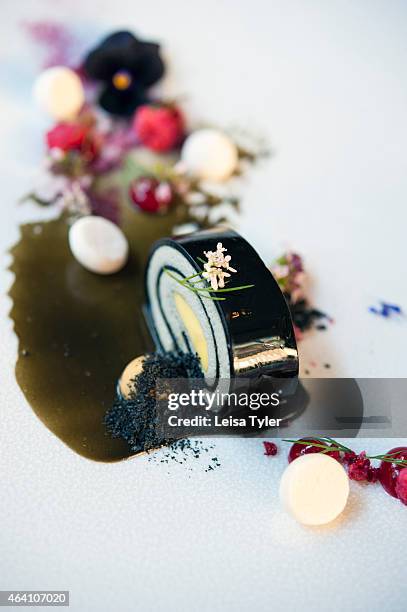 Liquorice with strawberry mousse and raspberry sorbet dessert at restaurant Olo in Helsinki.