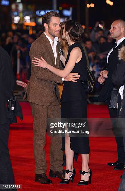 Keira Knightley and Chris Pine attend the UK Premiere of "Jack Ryan: Shadow Recruit" at the Vue Leicester Square on January 20, 2014 in London,...