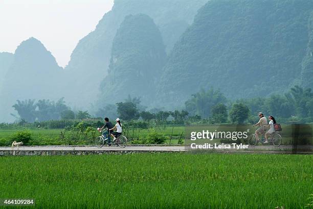 Tourists ride along a rural road surrounded by spectacular scenery in Yangshuo. Speckled with karst mountains and the gently flowing rivers, this...