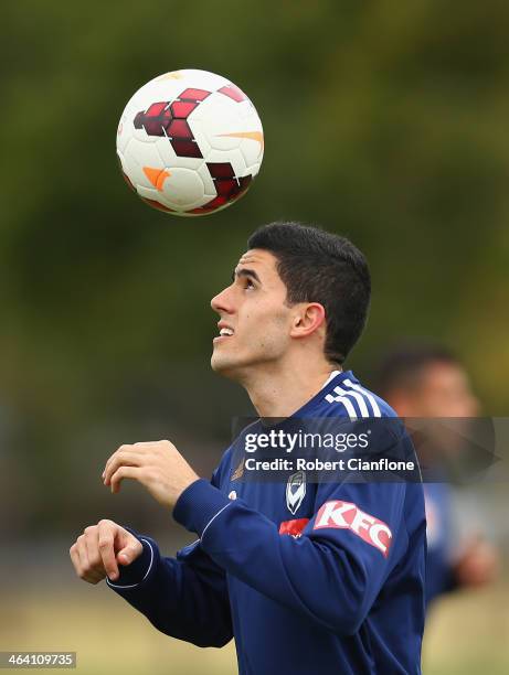 Tom Rogic of the Victory controls the ball during a Melbourne Victory A-League training session at AAMI Park on January 21, 2014 in Melbourne,...