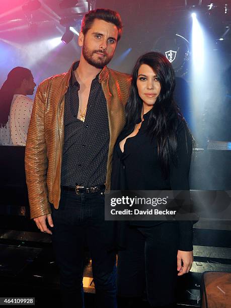 Television personalities Scott Disick and Kourtney Kardashian appear at 1 OAK Nightclub at The Mirage Hotel & Casino on February 21, 2015 in Las...