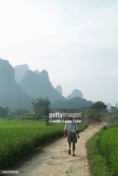 Local man walks along a rural road surrounded by the spectacular scenery of Yangshuo. Speckled with karst mountains and gently flowing rivers, this...