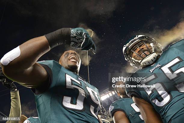 DeMeco Ryans of the Philadelphia Eagles talks with the team before the game against the New Orleans Saints at Lincoln Financial Field on January 4,...