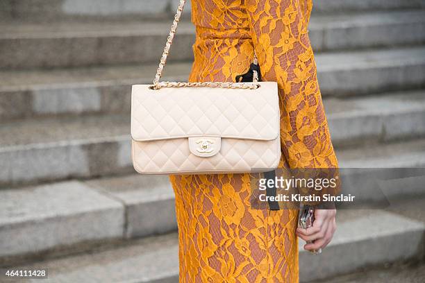 Modela and DJ Amber Le Bon wears an Emilia Wickstead dress, Chanel bag on February 21, 2015 in London, England.