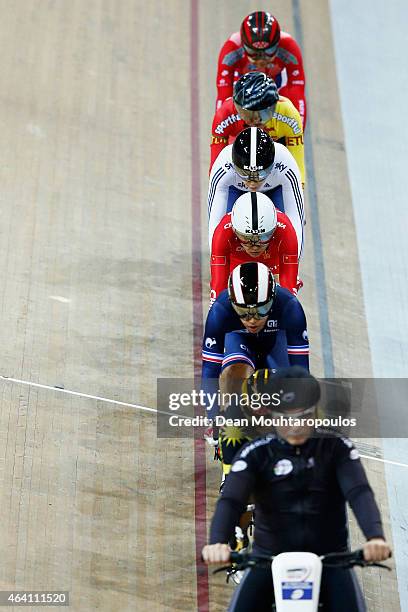 Jessica Varnish of the Great Britain cycling team competes in the Womens Keirin first round race during day 5 of the UCI Track Cycling World...