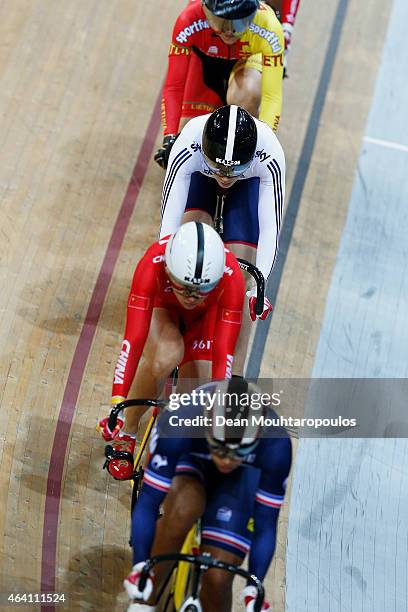 Jessica Varnish of the Great Britain cycling team competes in the Womens Keirin first round race during day 5 of the UCI Track Cycling World...