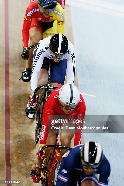 Jessica Varnish of the Great Britain cycling team competes in the Womens Keirin first round race during day 5 of the UCI Track Cycling World...