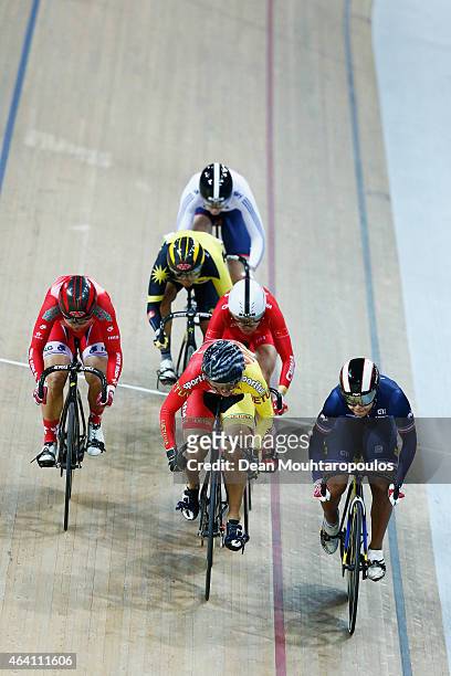 Olivia Montauban of France, Simona Krupeckaite of Lithuania and Sze Wai Lee of Hong Kong compete in the Womens Keirin first round race during day 5...