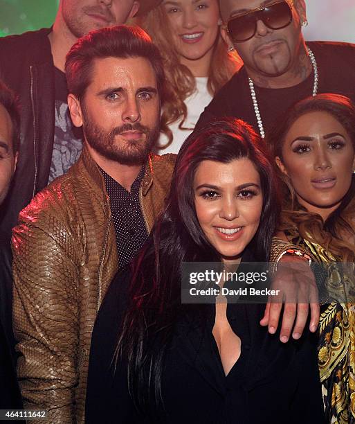 Television personalities Scott Disick and Kourtney Kardashian appear at 1 OAK Nightclub at The Mirage Hotel & Casino on February 21, 2015 in Las...