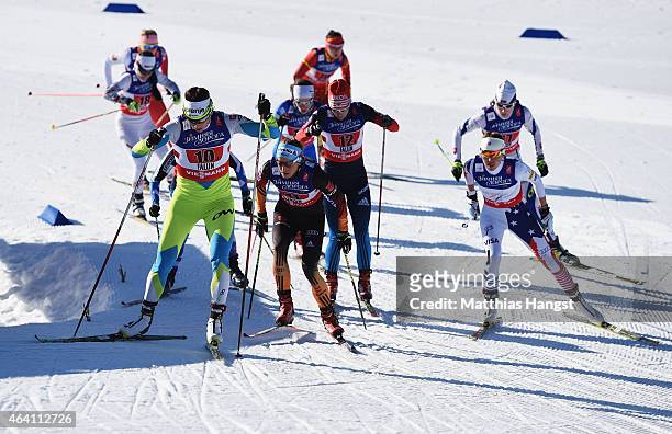 Katja Visnar of Slovenia leads from Nicole Fessel of Germany and Sophie Caldwell of USA during the Women's Cross-Country Team Sprint Semi Finals...
