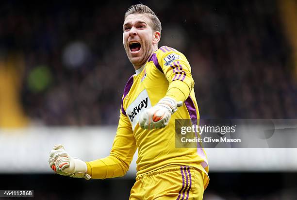 Goalkeeper Adrian of West Ham celebrates as his team take a 1-0 lead during the Barclays Premier League match between Tottenham Hotspur and West Ham...