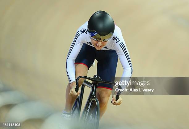 Laura Trott of the Great Britain Cycling Team competes in the Women's Omnium Flying Lap during Day Five of the UCI Track Cycling World Championships...