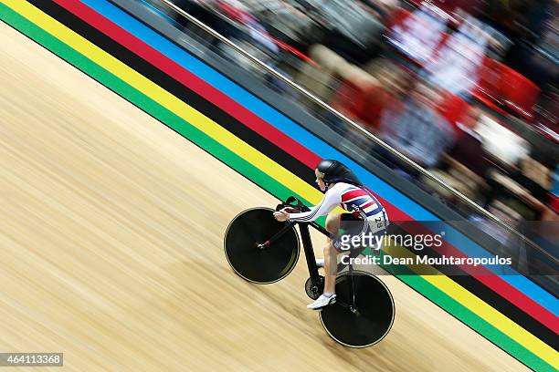 Laura Trott of Great Britain cycling team competes in the Womens Omnium Flying Lap race during day 5 of the UCI Track Cycling World Championships...