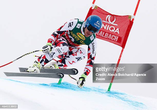 Matthias Mayer of Austria takes the 1st place during the Audi FIS Alpine Ski World Cup Men's Super G on February 22, 2015 in Saalbach, Austria.