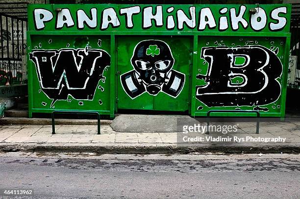 Panathinaikos graffiti art is seen around the stadium ahead of the Superleague match between Panathinaikos FC and Olympiacos at Apostolos Nikolaidis...