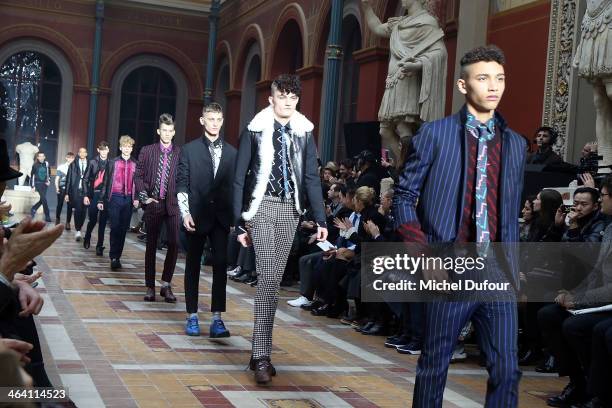 Model walks the runway during the Lanvin Menswear Fall/Winter 2014-2015 show as part of Paris Fashion Week on January 19, 2014 in Paris, France.