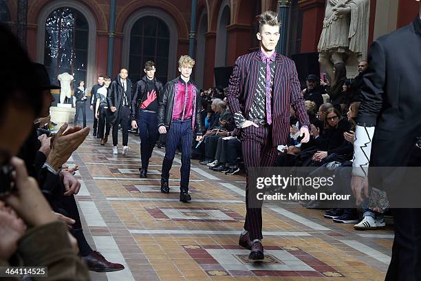 Model walks the runway during the Lanvin Menswear Fall/Winter 2014-2015 show as part of Paris Fashion Week on January 19, 2014 in Paris, France.