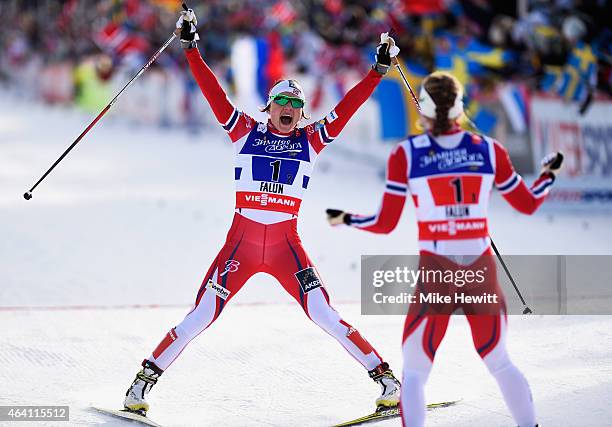 Maiken Caspersen Falla of Norway celebrates winning the gold medal with team mate Ingvild Flugstad Oestberg in the Women's Cross-Country Team Sprint...