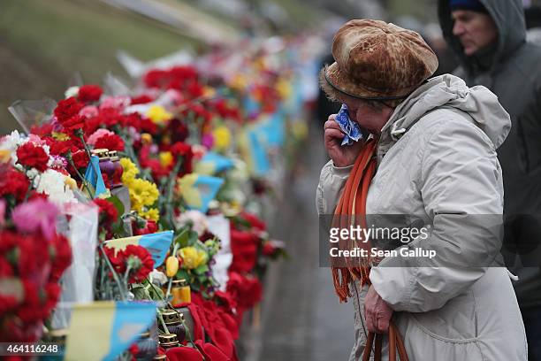 Woman weeps at a memorial to victims of the Maidan uprising prior to the "March of Diginity" and ceremonies marking the first anniversary of the...