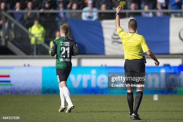 , Rasmus Lindgren of FC Groningen, Scheidsrechter Pol van Boekel, gele kaart during the Dutch Eredivisie match between sc Heerenveen and FC Groningen...