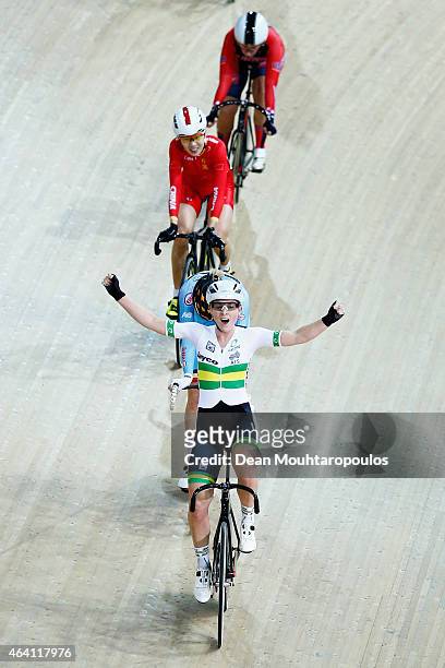 Annette Edmondson of Australia celebrates after the Women's Omnium Points Race as she takes the overall gold medal in the the Women's Omnium during...