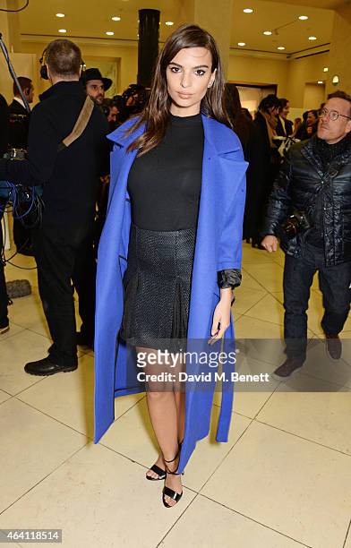 Emily Ratajkowski attends the Topshop Unique show during London Fashion Week Fall/Winter 2015/16 at Tate Britain on February 22, 2015 in London,...