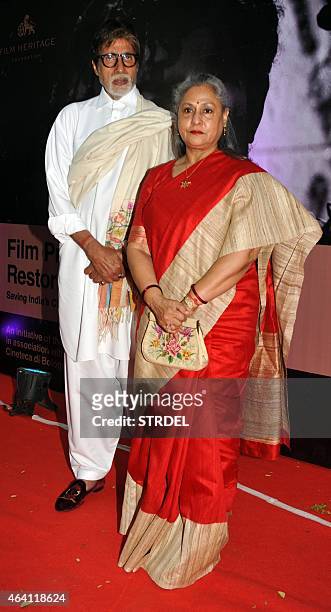 Indian Bollywood actor Amitabh Bachchan and his wife Jaya Bachchan arrive at the launch of Film Preservation and Restoration School India a week long...