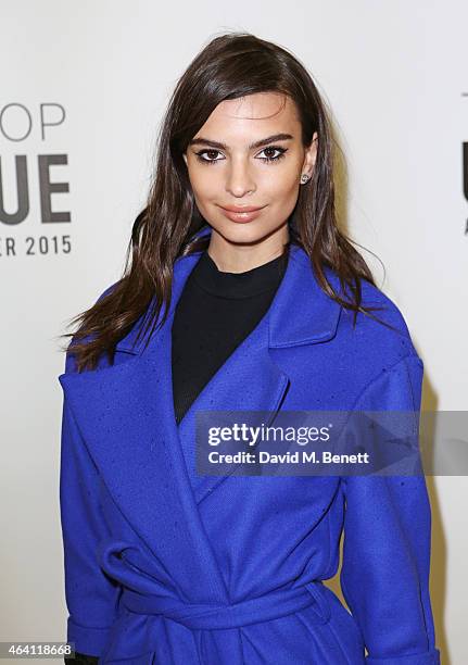 Emily Ratajkowski attends the Topshop Unique show during London Fashion Week Fall/Winter 2015/16 at Tate Britain on February 22, 2015 in London,...