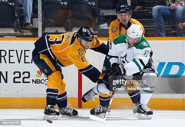 Nick Spaling of the Nashville Predators battles against Dustin Jeffrey of the Dallas Stars at Bridgestone Arena on January 20, 2014 in Nashville,...