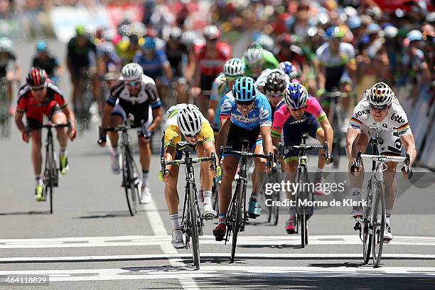 Australian cyclist Simon Gerrans of Orica GreenEDGE edges out German cyclist Andre Greipel of the Lotto-Belisol Team to win stage one of the Tour...