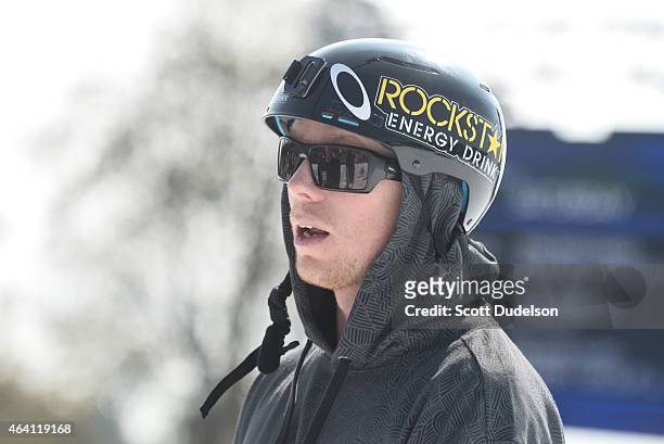 Professional snowboarder Torstein Horgmo participates in the 2015 Air + Style compeition at Rose Bowl on February 21, 2015 in Pasadena, California.