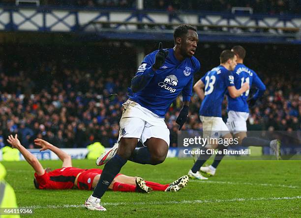 Romelu Lukaku of Everton celebrates as Matthew Upson of Leicester City scores an own goal for their second goal during the Barclays Premier League...