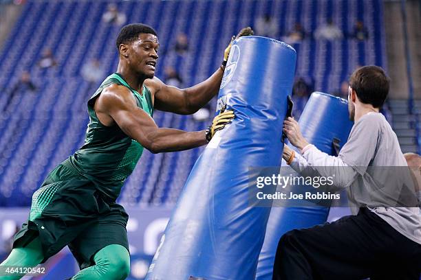 Defensive lineman Randy Gregory of Nebraska competes during the 2015 NFL Scouting Combine at Lucas Oil Stadium on February 22, 2015 in Indianapolis,...