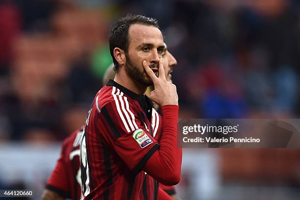 Giampaolo Pazzini of AC Milan celebrates a goal during the Serie A match between AC Milan and AC Cesena at Stadio Giuseppe Meazza on February 22,...