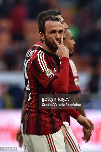 Giampaolo Pazzini of AC Milan celebrates a goal during the Serie A match between AC Milan and AC Cesena at Stadio Giuseppe Meazza on February 22,...