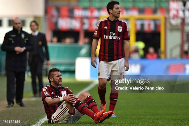 Jeremy Menez of AC Milan reacts during the Serie A match between AC Milan and AC Cesena at Stadio Giuseppe Meazza on February 22, 2015 in Milan,...